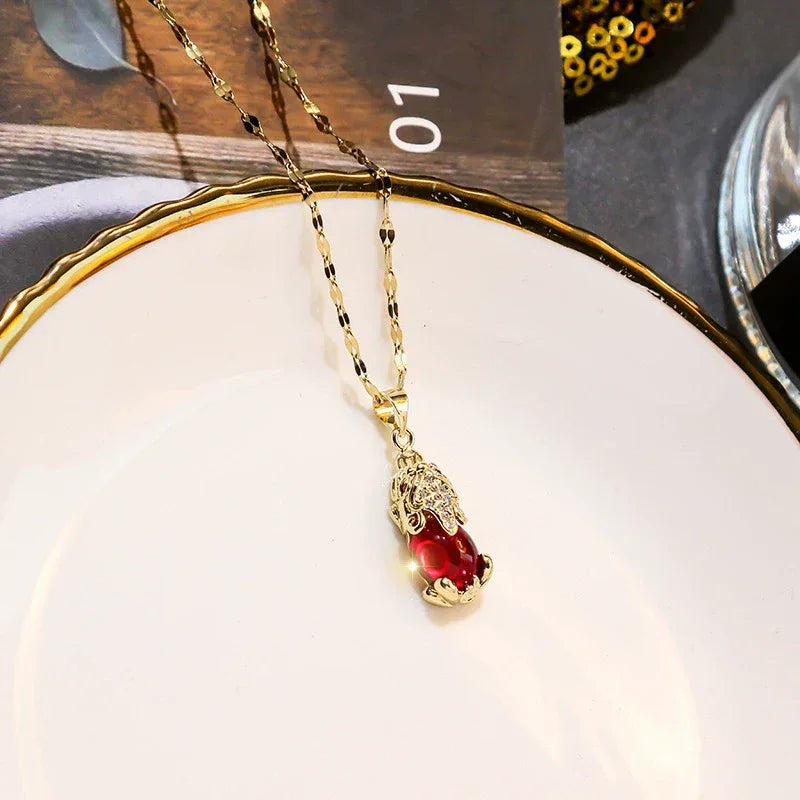 Red Gemstone Fox Pendant Necklace – Korean-Inspired Titanium Steel Clavicle Chain - Dazzling Beauty Solution