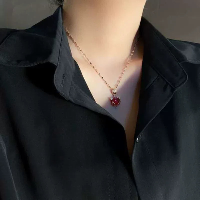 Red Gemstone Fox Pendant Necklace – Korean-Inspired Titanium Steel Clavicle Chain - Dazzling Beauty Solution