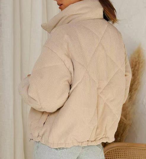Women's Wadded Stand Collar Long Sleeve Corduroy Zipper Jacket - Dazzling Beauty Solution