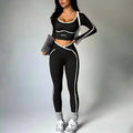 2026 New Color-Contrasting Yoga Set - Tight Yoga Long-Sleeved Front V-Waist Tapered Hip-Slimming Yoga Pants Set