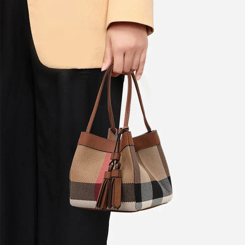 Aidrani Women's Plaid Canvas Cowhide Small Handbag Caramel - Dazzling Beauty Solution