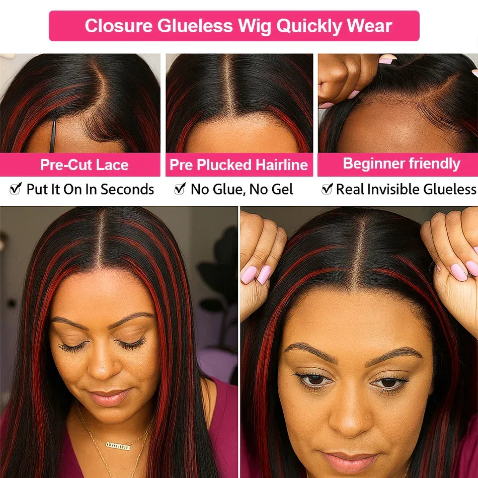 200% Upgraded 1B/99J Black With Red Bone Straight 5x5 Highlight Wig Human Hair Brazilian Burgundy Colored Glueless Wig For Women - Dazzling Beauty Solution