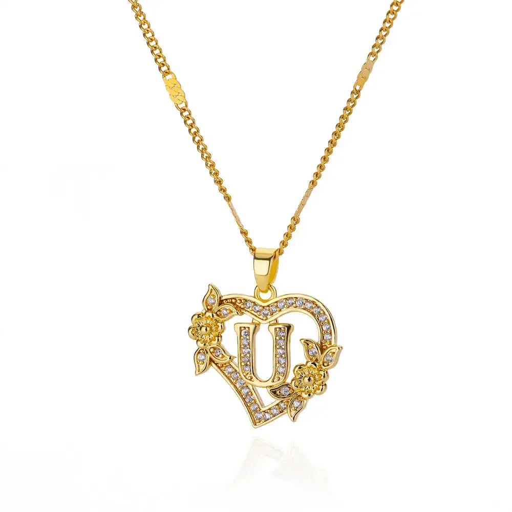 Personalized Gold Initials Heart Necklace – Stainless Steel with Zircon Flower Charm - Dazzling Beauty Solution