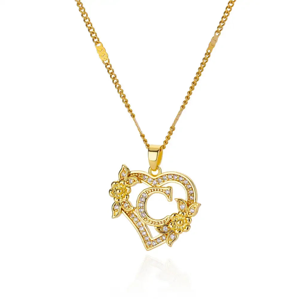 Personalized Gold Initials Heart Necklace – Stainless Steel with Zircon Flower Charm - Dazzling Beauty Solution