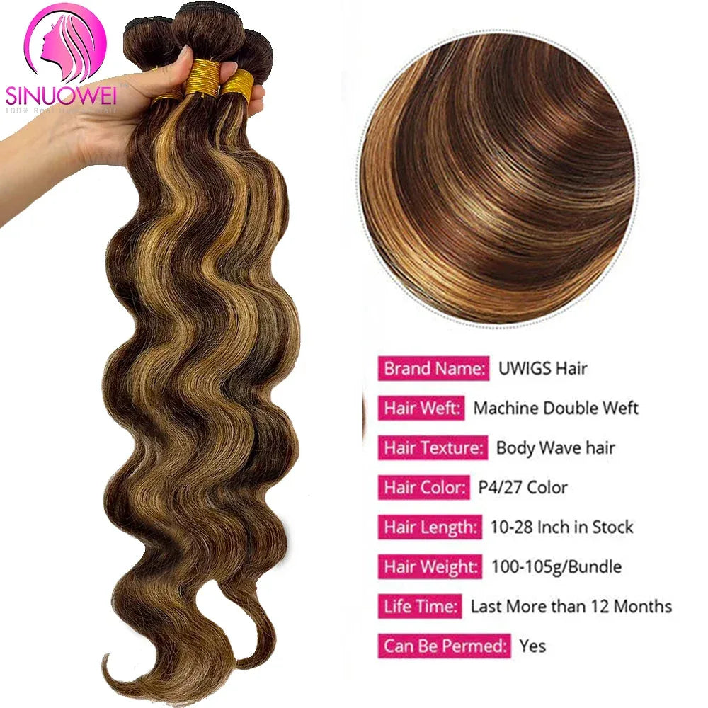 30–32 Inch Highlight Body Wave Bundles P4/27 Honey Brown | 100% Brazilian Human Hair | Dazzling Beauty Solution - Dazzling Beauty Solution