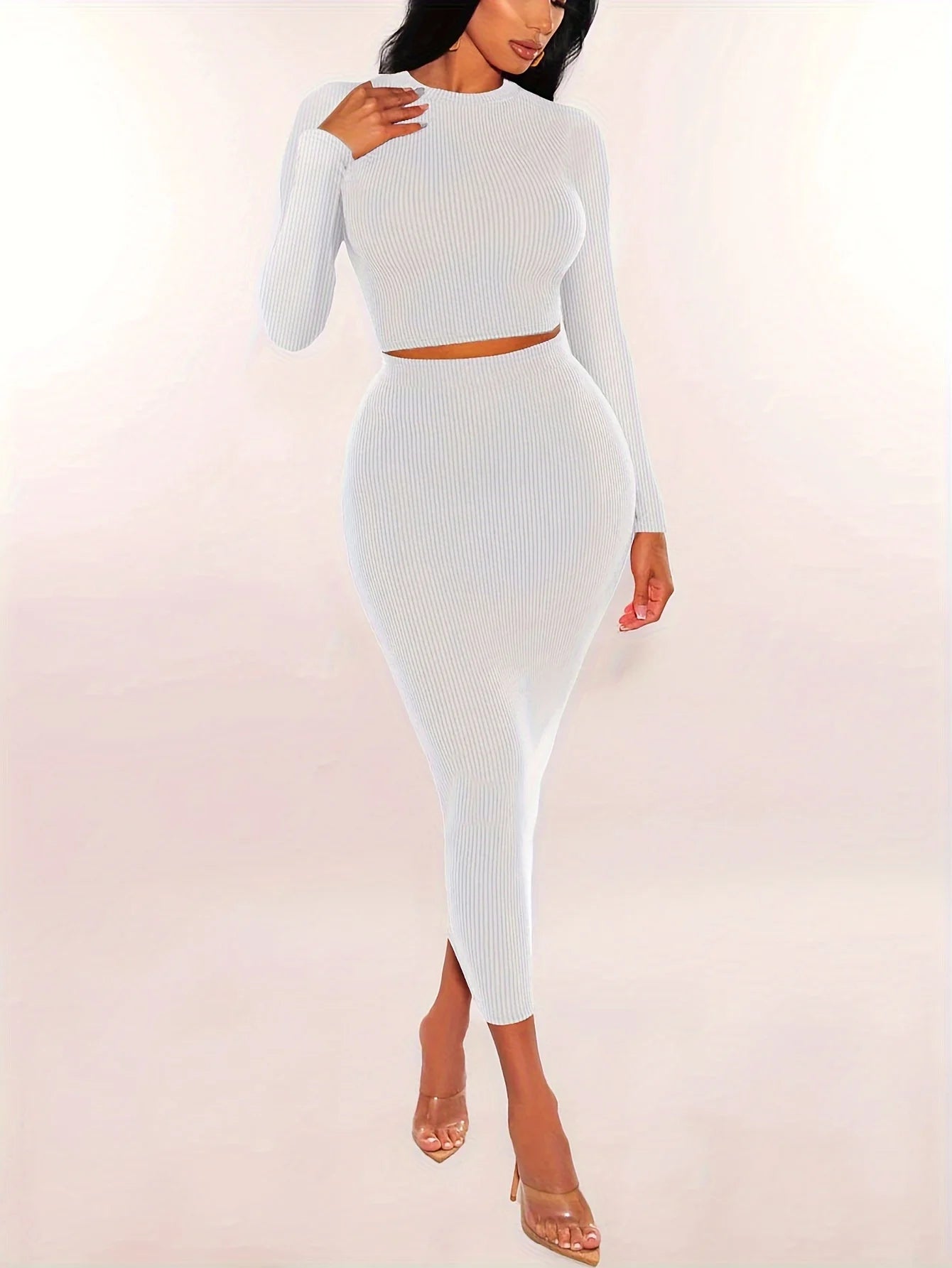 Women's Knit Two-Piece Set | Long Sleeve Crop Top & Bodycon Skirt | S–XXL
