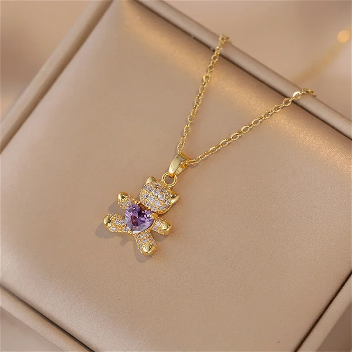 Sparkling Zircon Bear Pendant Necklace – Titanium Steel Lock Bone Chain for Women - Dazzling Beauty Solution