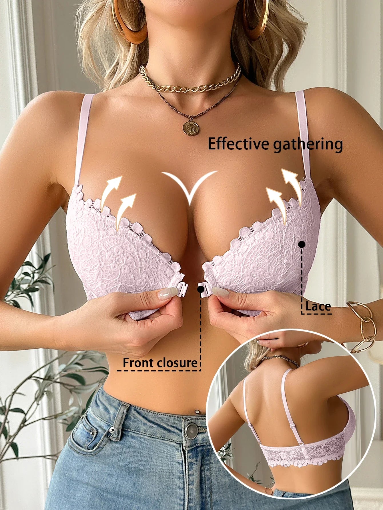 Women's Floral Lace Front-Closure Push-Up Bra