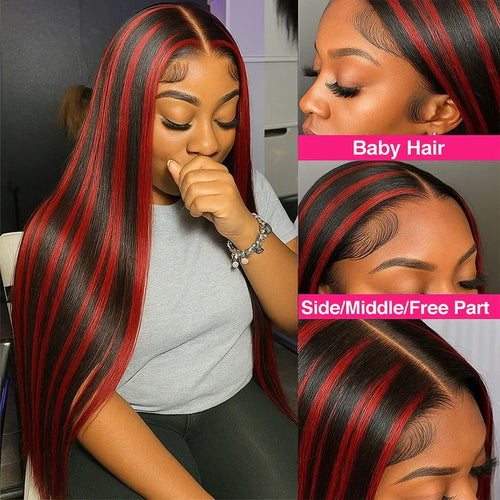 200% Upgraded 1B/99J Black With Red Bone Straight 5x5 Highlight Wig Human Hair Brazilian Burgundy Colored Glueless Wig For Women - Dazzling Beauty Solution