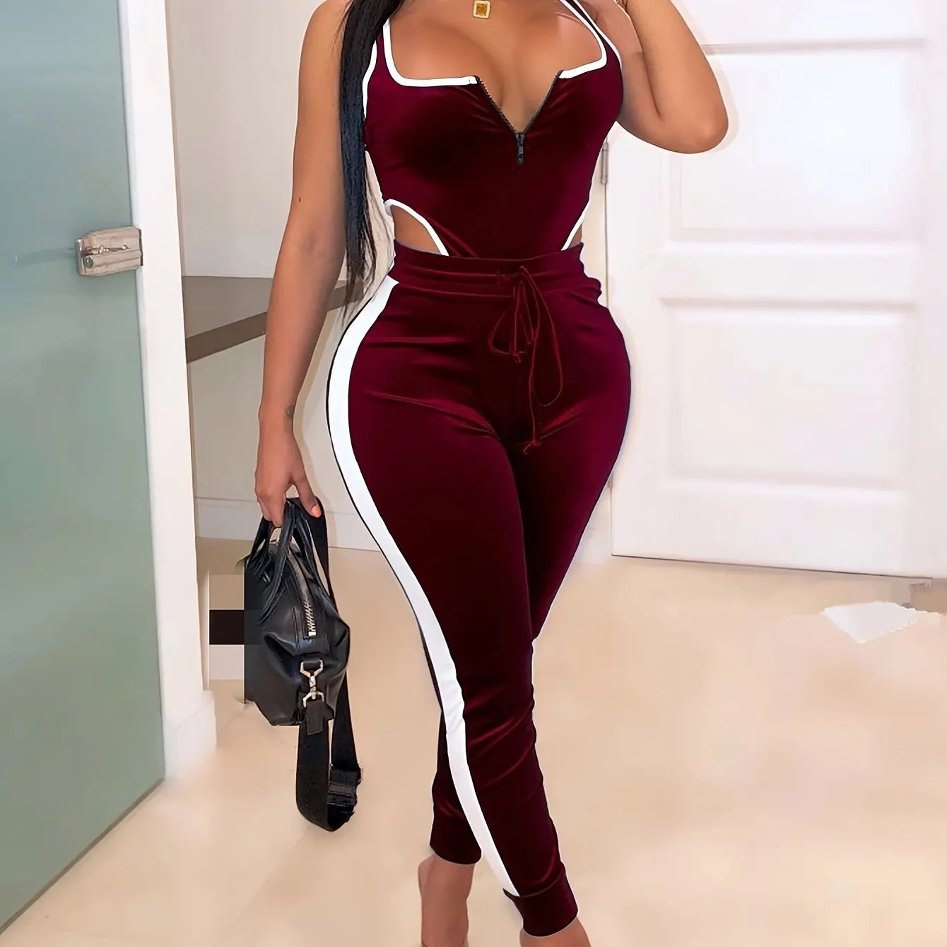 Women's Sexy Cutout Bodysuit & High Waist Pants Set - 2-Piece Festival Outfit