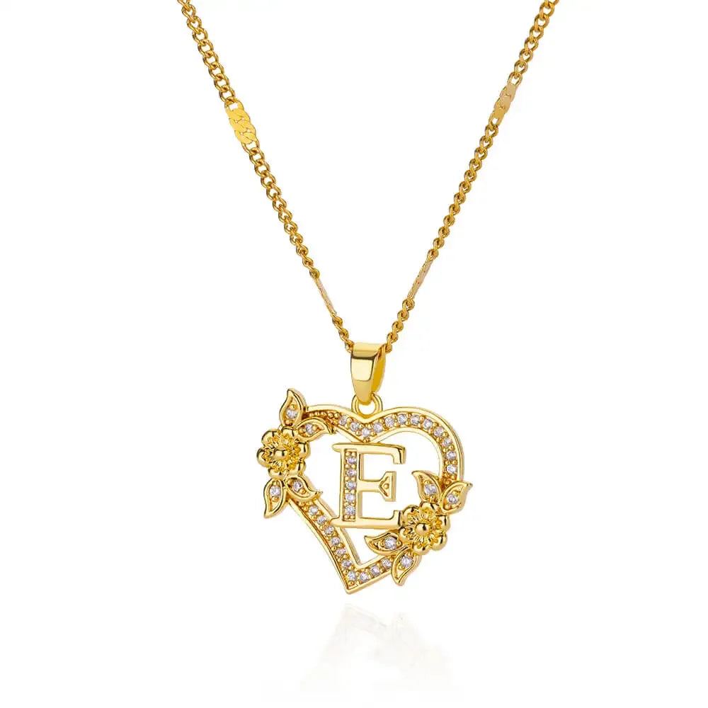 Personalized Gold Initials Heart Necklace – Stainless Steel with Zircon Flower Charm - Dazzling Beauty Solution