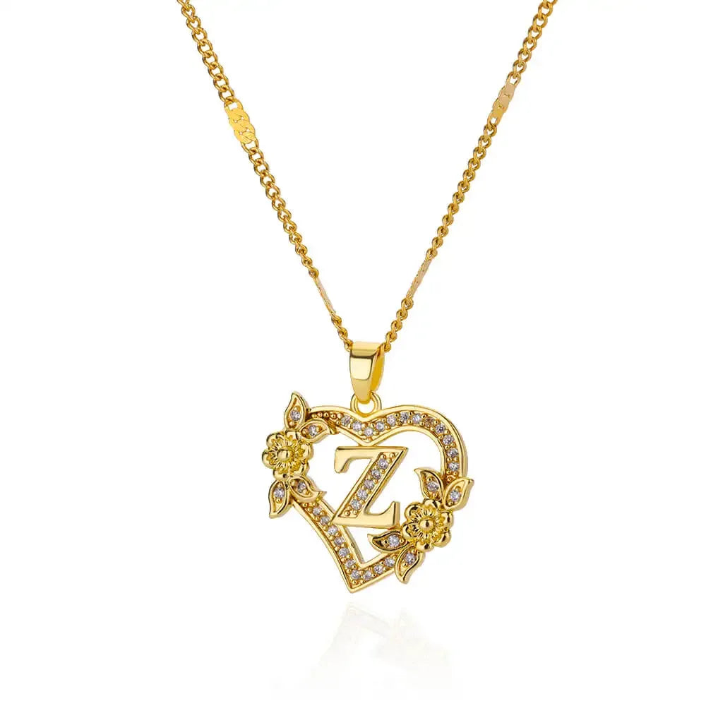 Personalized Gold Initials Heart Necklace – Stainless Steel with Zircon Flower Charm - Dazzling Beauty Solution