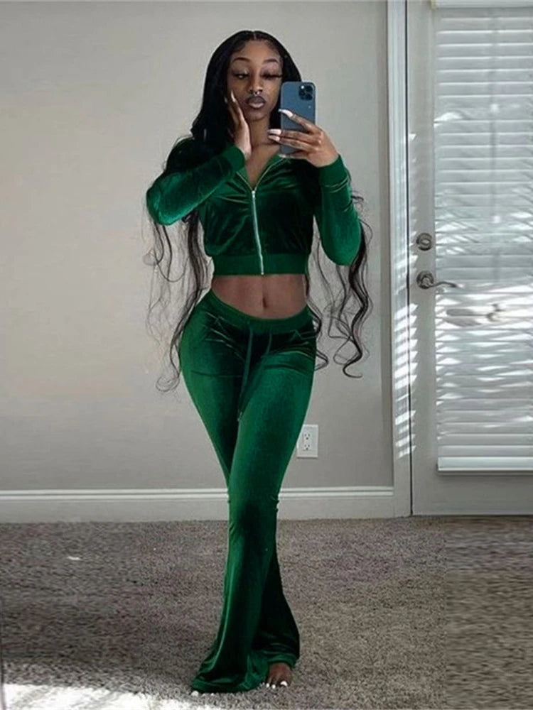 Kliou Velour Two-Piece Set | Zip Turtleneck Top & Wide Leg Pants | 5 Colors | S-L