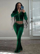 Kliou Velour Two-Piece Set | Zip Turtleneck Top & Wide Leg Pants | 5 Colors | S-L