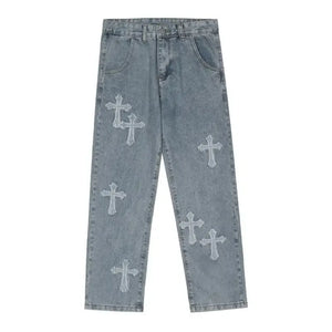 Men’s Loose Fit White Jeans – Y2K Cross Design - Dazzling Beauty Solution