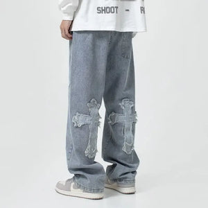 Men’s Loose Fit White Jeans – Y2K Cross Design - Dazzling Beauty Solution