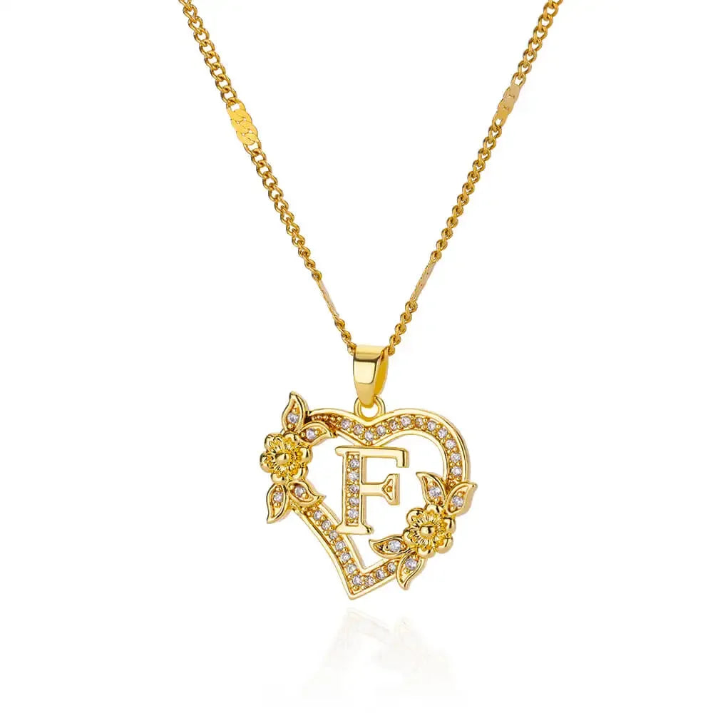 Personalized Gold Initials Heart Necklace – Stainless Steel with Zircon Flower Charm - Dazzling Beauty Solution