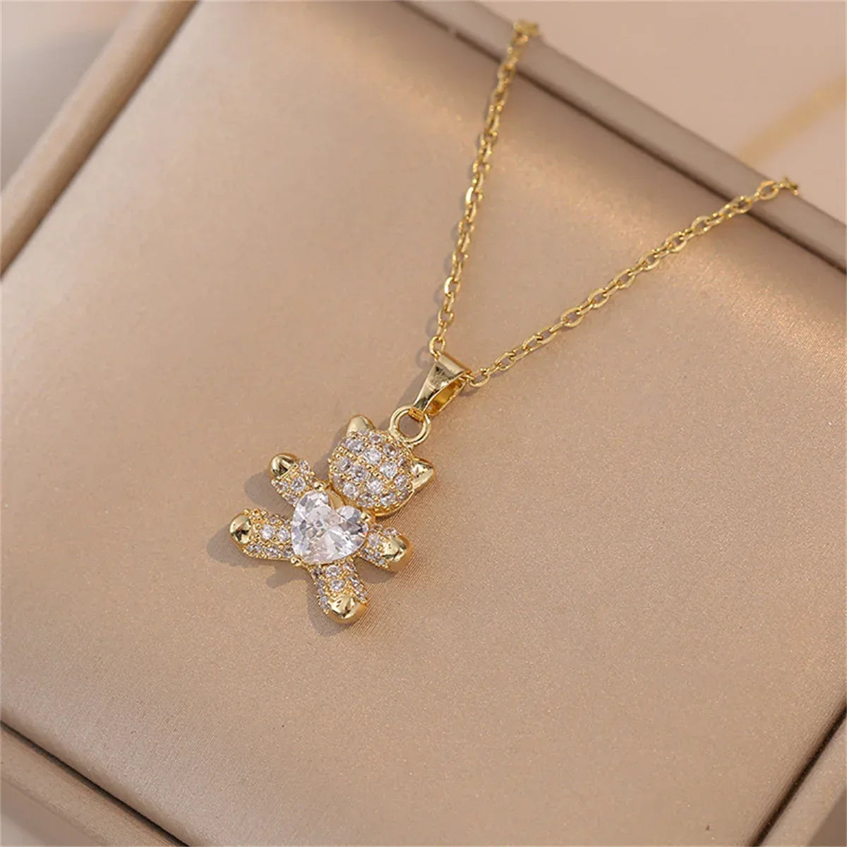 Sparkling Zircon Bear Pendant Necklace – Titanium Steel Lock Bone Chain for Women - Dazzling Beauty Solution