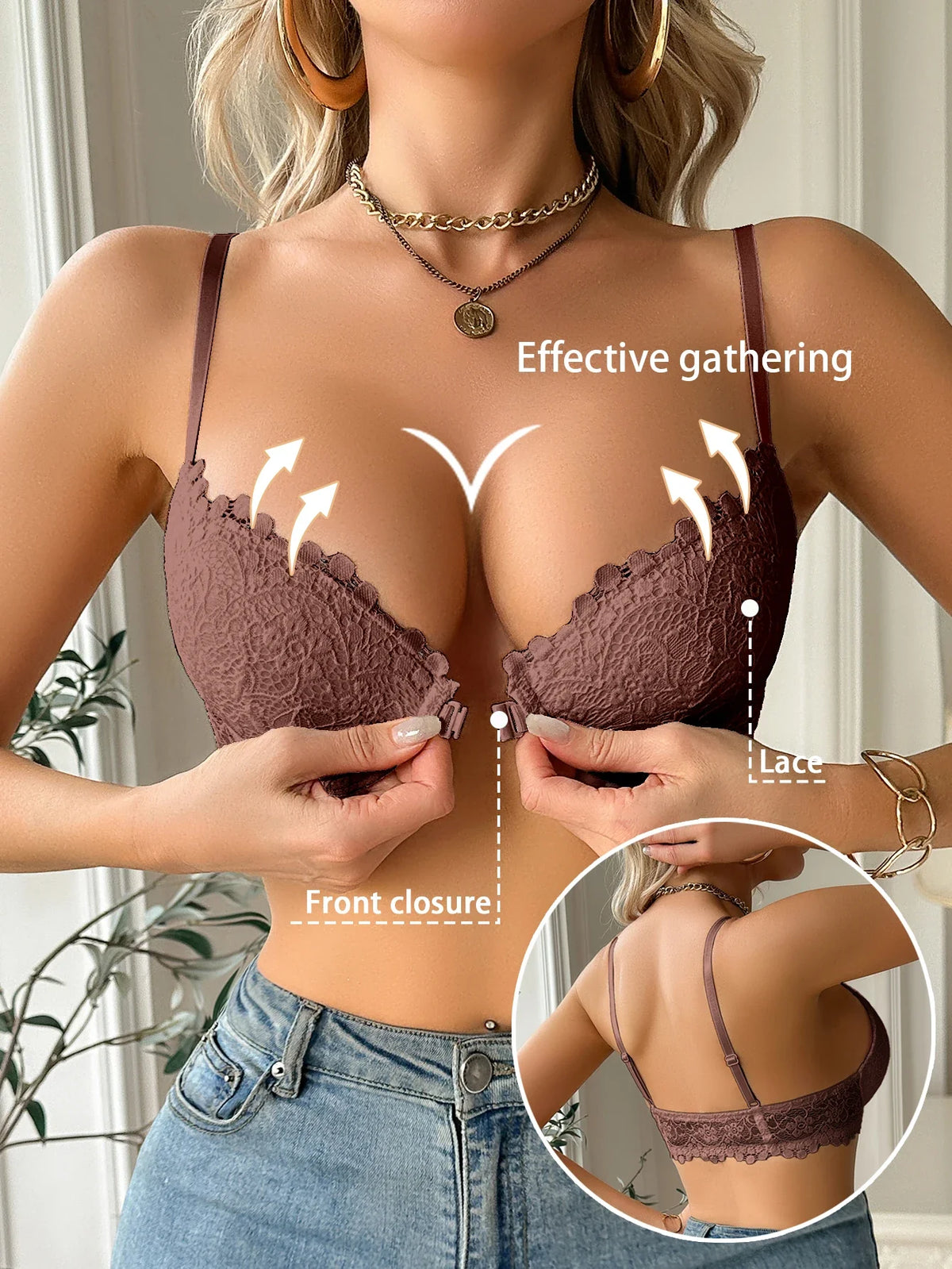 Women's Floral Lace Front-Closure Push-Up Bra