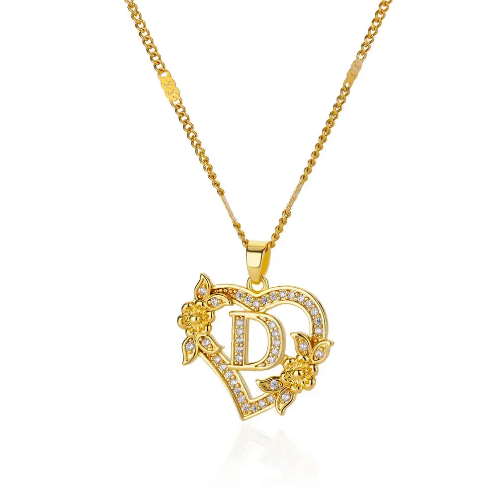 Personalized Gold Initials Heart Necklace – Stainless Steel with Zircon Flower Charm - Dazzling Beauty Solution