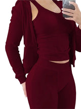 Women's Luxe Velvet 3-Piece Set - Hooded Sweatshirt, Vest & Pants
