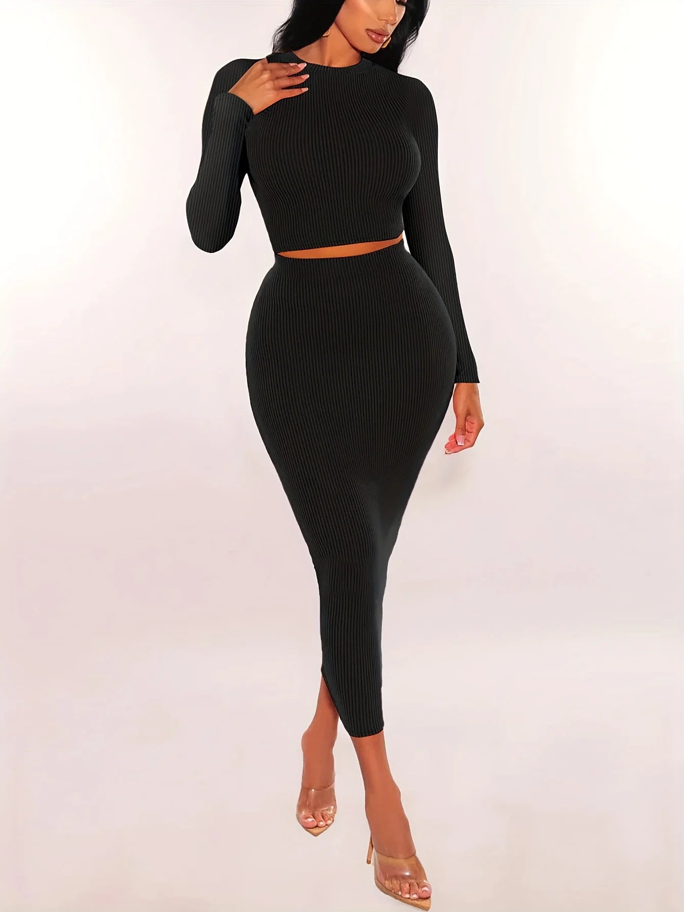 Women's Knit Two-Piece Set | Long Sleeve Crop Top & Bodycon Skirt | S–XXL