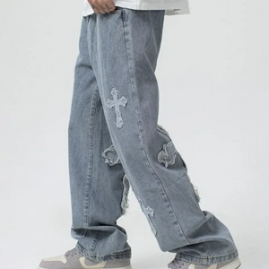 Men’s Loose Fit White Jeans – Y2K Cross Design - Dazzling Beauty Solution