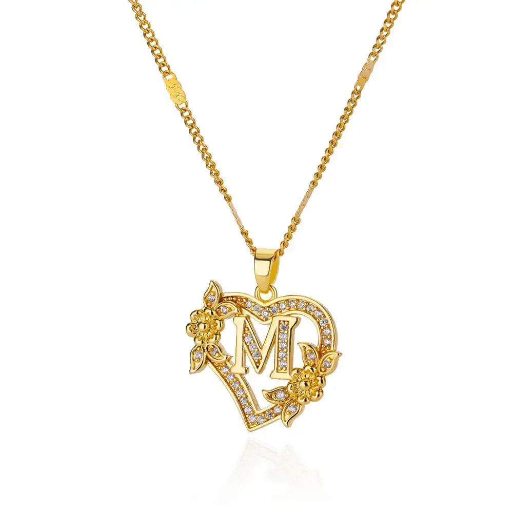 Personalized Gold Initials Heart Necklace – Stainless Steel with Zircon Flower Charm - Dazzling Beauty Solution