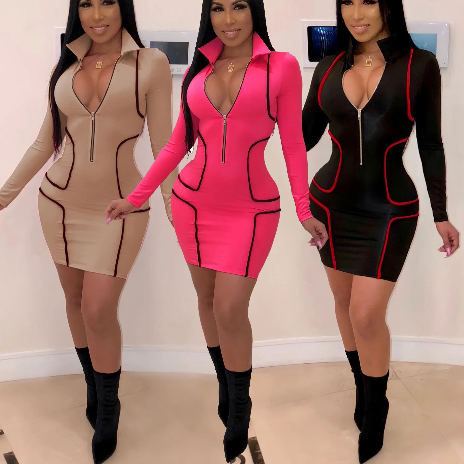 Women's Zipper Bodycon Mini Dress - Stand Collar Party Dress