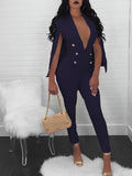 Women's Jumpsuit with Cape - Deep V-Neck Trouser Suit