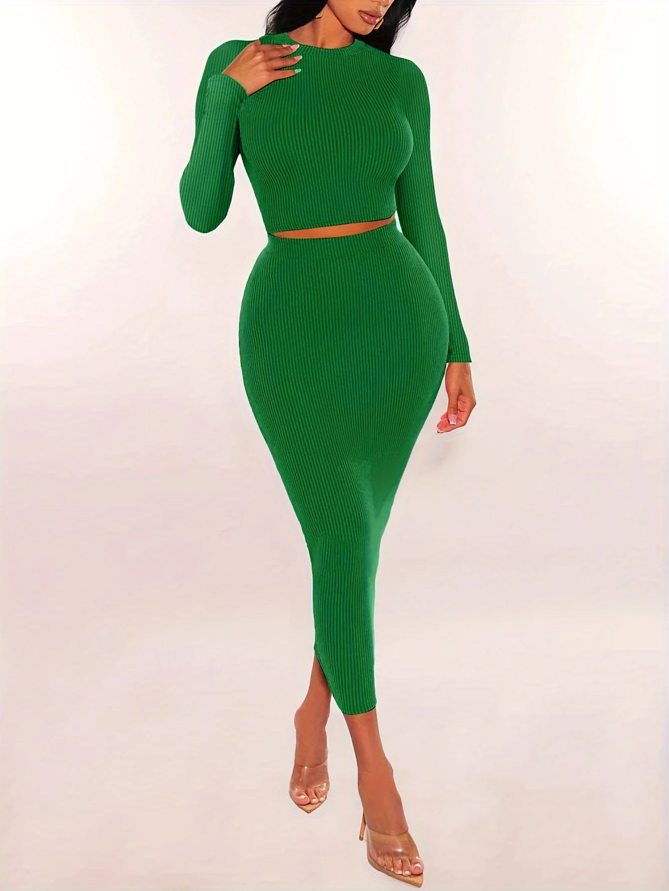 Women's Knit Two-Piece Set | Long Sleeve Crop Top & Bodycon Skirt | S–XXL
