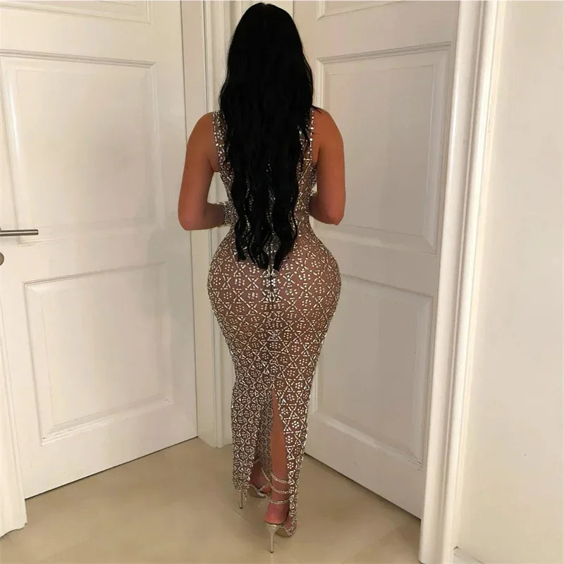 Sparkly Rhinestones Diamonds Evening Dress – Long Sleeveless Mesh Luxury Gown for Prom, Birthdays, and Parties - Dazzling Beauty Solution