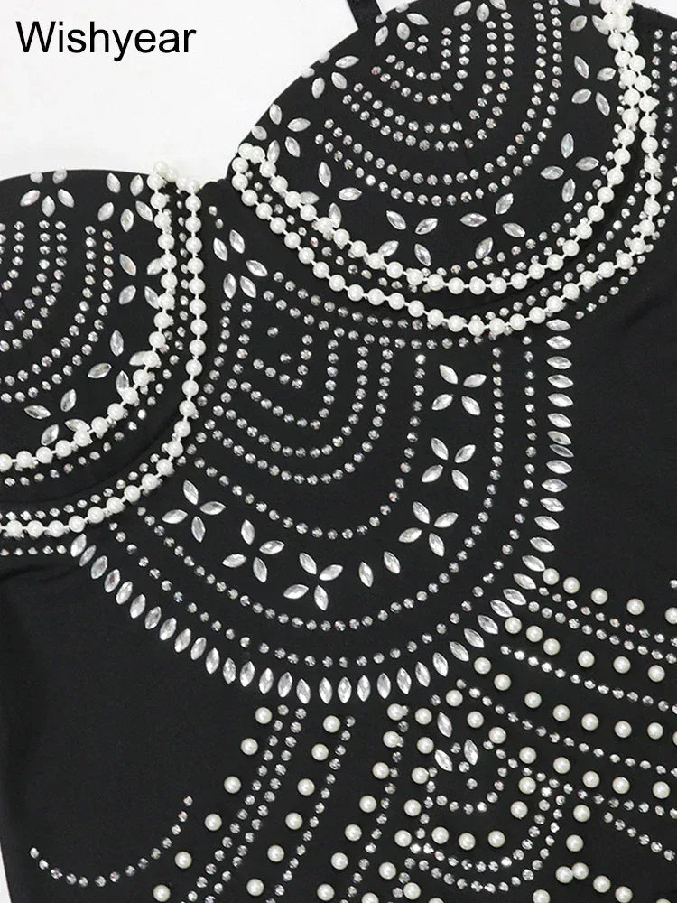 Rhinestone & Pearl Formal Evening Gown – Brown & Black - Dazzling Beauty Solution