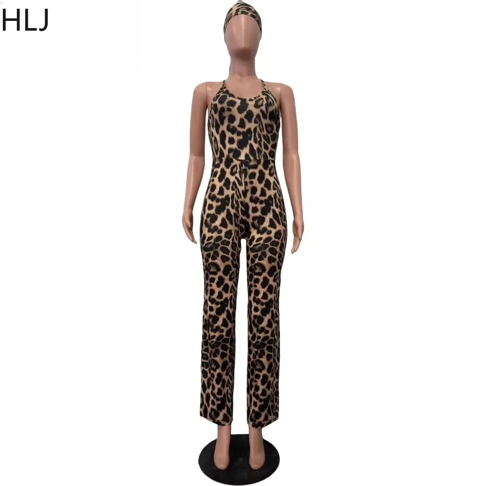 Women's Leopard Print Jumpsuit with Scarf - Wide Leg Bodycon Playsuit
