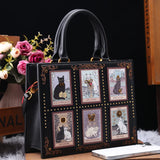 Vintage Luxury Embroidery Cat Tote Bag | Large Capacity Designer Handbag | Beige & Black