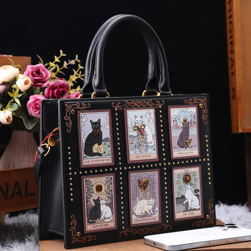 Vintage Luxury Embroidery Cat Tote Bag | Large Capacity Designer Handbag | Beige & Black