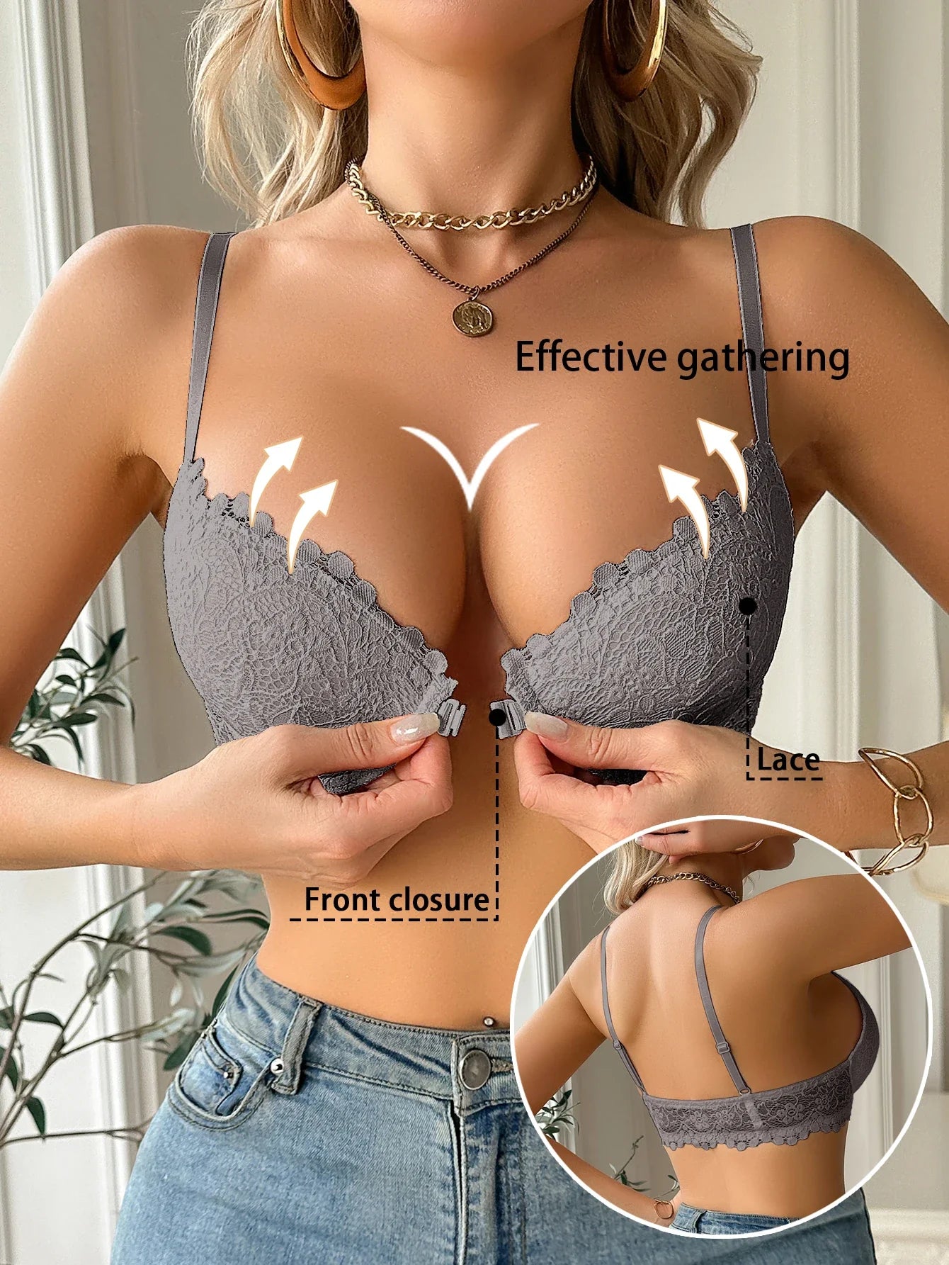 Women's Floral Lace Front-Closure Push-Up Bra