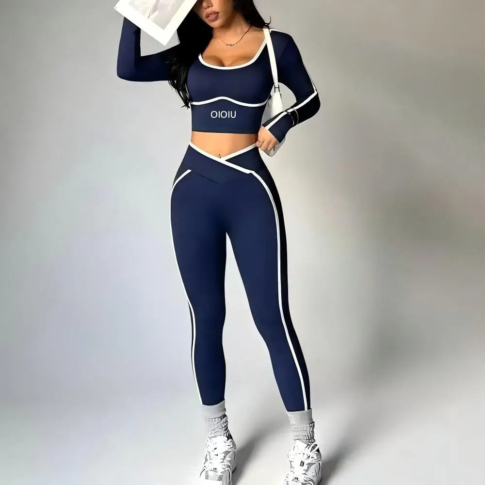 Color-Contrasting Yoga Set – Long Sleeve V-Waist Hip-Slimming Pants