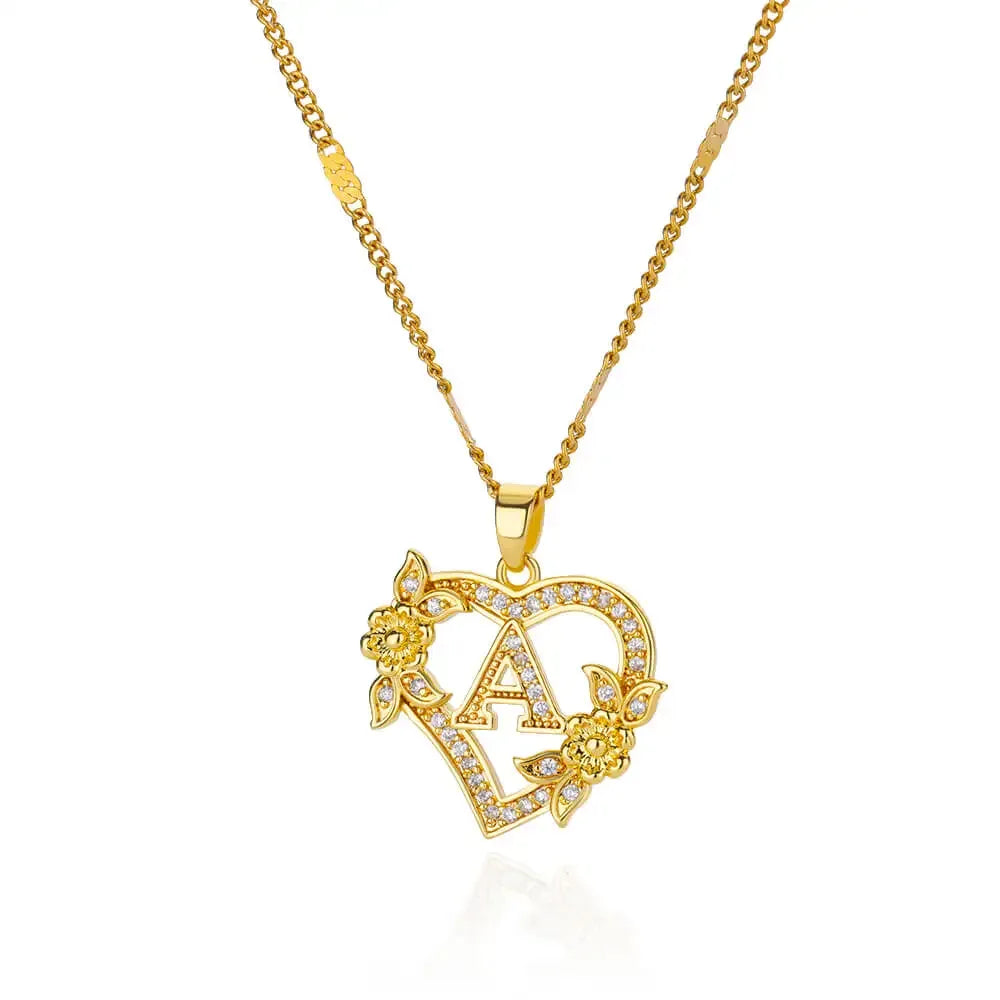 Personalized Gold Initials Heart Necklace – Stainless Steel with Zircon Flower Charm - Dazzling Beauty Solution