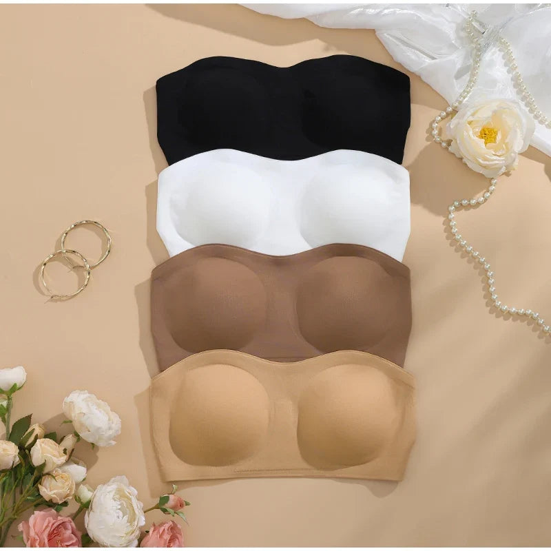 Women's Sexy Strapless Push Up Bra Removable Padded Seamless Ice Silk Top Women Invisible Beauty Back Anti-slip Off-shoulder Bra