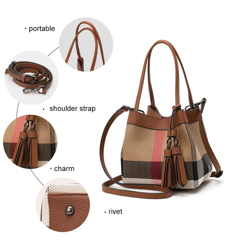 Aidrani Women's Plaid Canvas Cowhide Small Handbag Caramel - Dazzling Beauty Solution