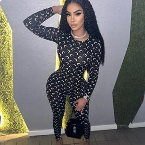 Women's Moon Print Jumpsuit - Sexy Slim Fit Long Sleeve Bodysuit