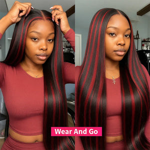200% Upgraded 1B/99J Black With Red Bone Straight 5x5 Highlight Wig Human Hair Brazilian Burgundy Colored Glueless Wig For Women - Dazzling Beauty Solution