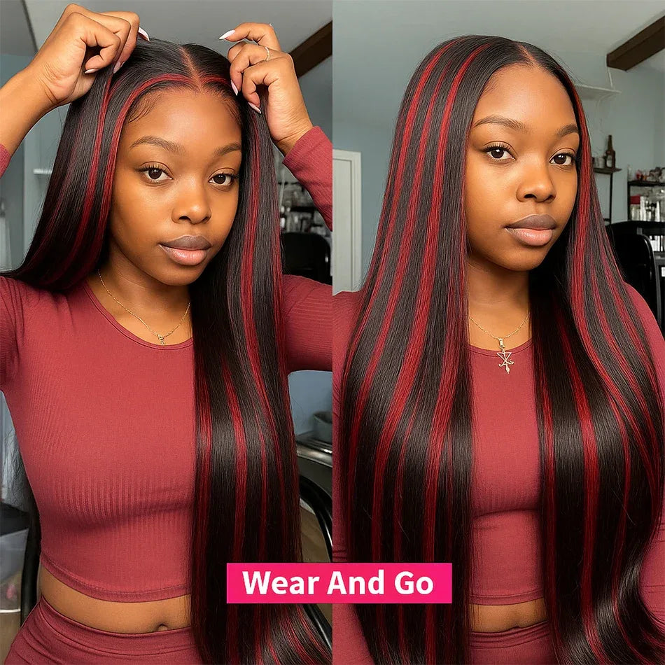 200% Upgraded 1B/99J Black With Red Bone Straight 5x5 Highlight Wig Human Hair Brazilian Burgundy Colored Glueless Wig For Women - Dazzling Beauty Solution