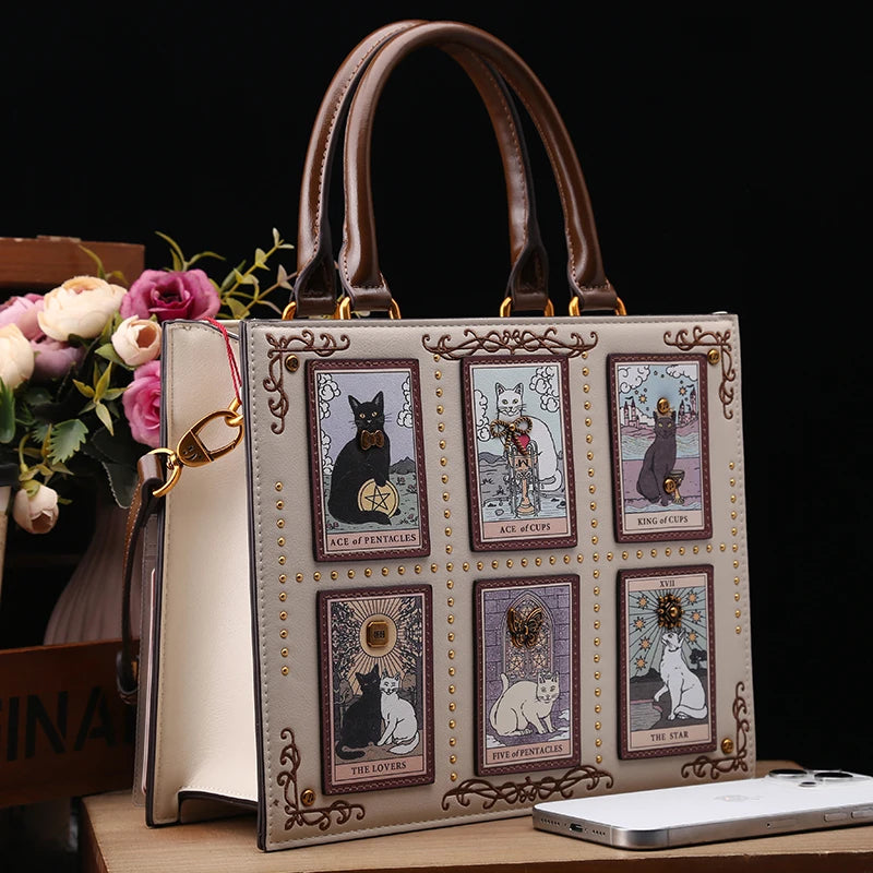 Vintage Luxury Embroidery Cat Tote Bag | Large Capacity Designer Handbag | Beige & Black
