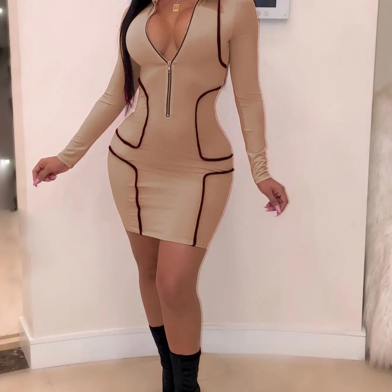 Women's Zipper Bodycon Mini Dress - Stand Collar Party Dress