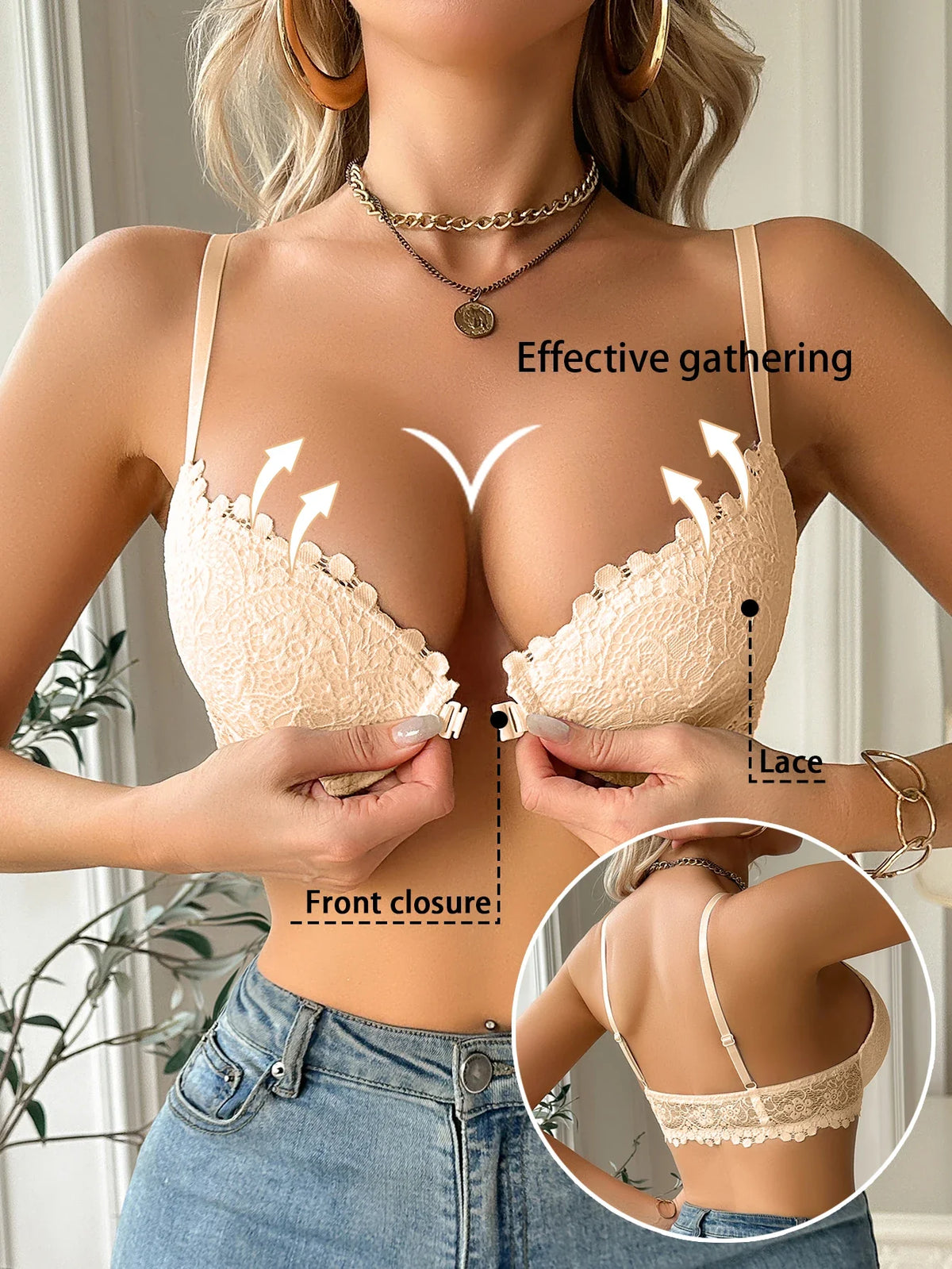 Women's Floral Lace Front-Closure Push-Up Bra