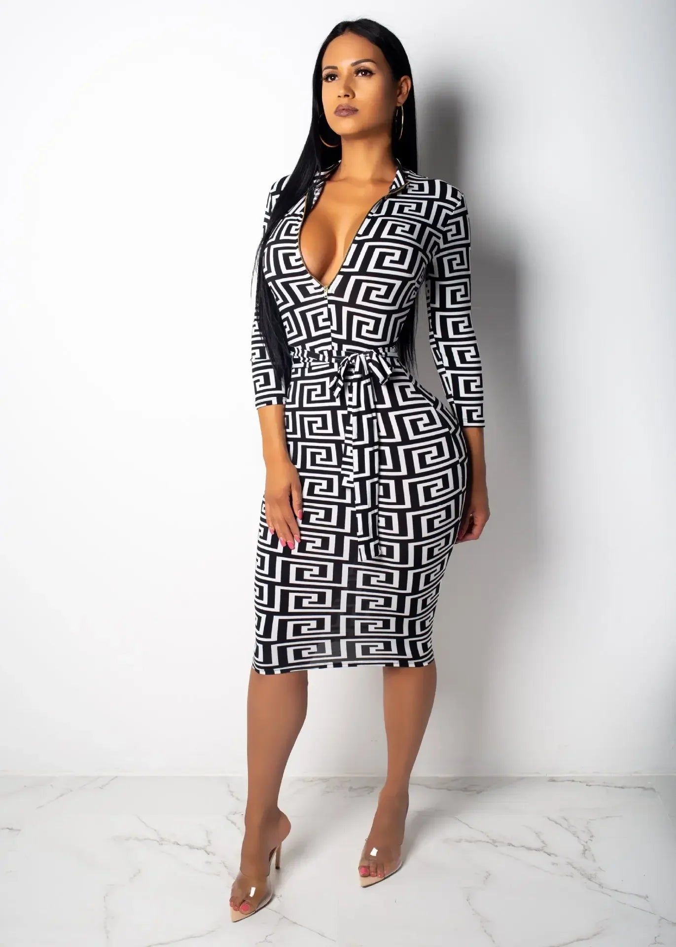 Women's Geometric Forest Print Maxi Dress - Deep V-Neck Vintage Gown