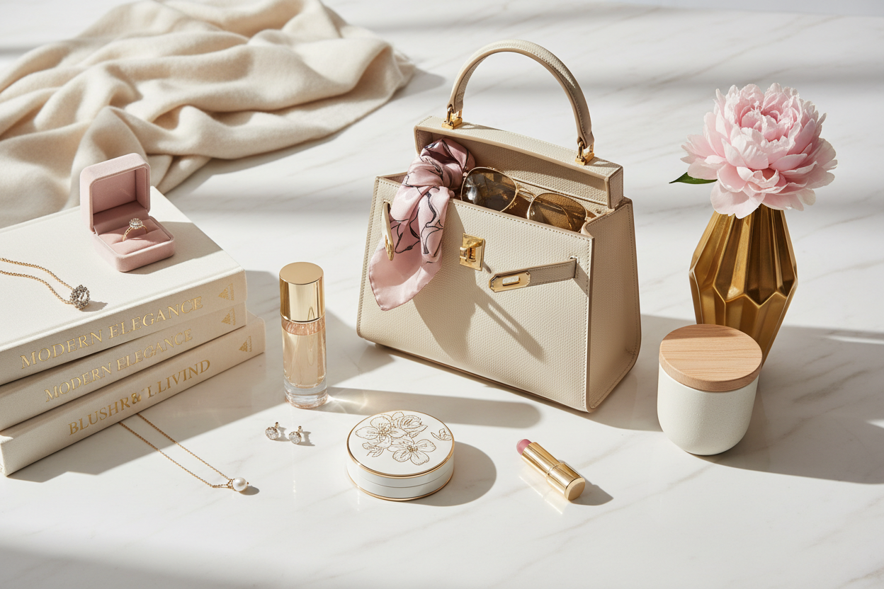 A luxury lifestyle flat lay showcasing new arrivals, featuring fashion, beauty, and home items arranged in a chic, modern style. Bright, clean aesthetic, soft lighting, elegant tones, premium brand look, high quality.