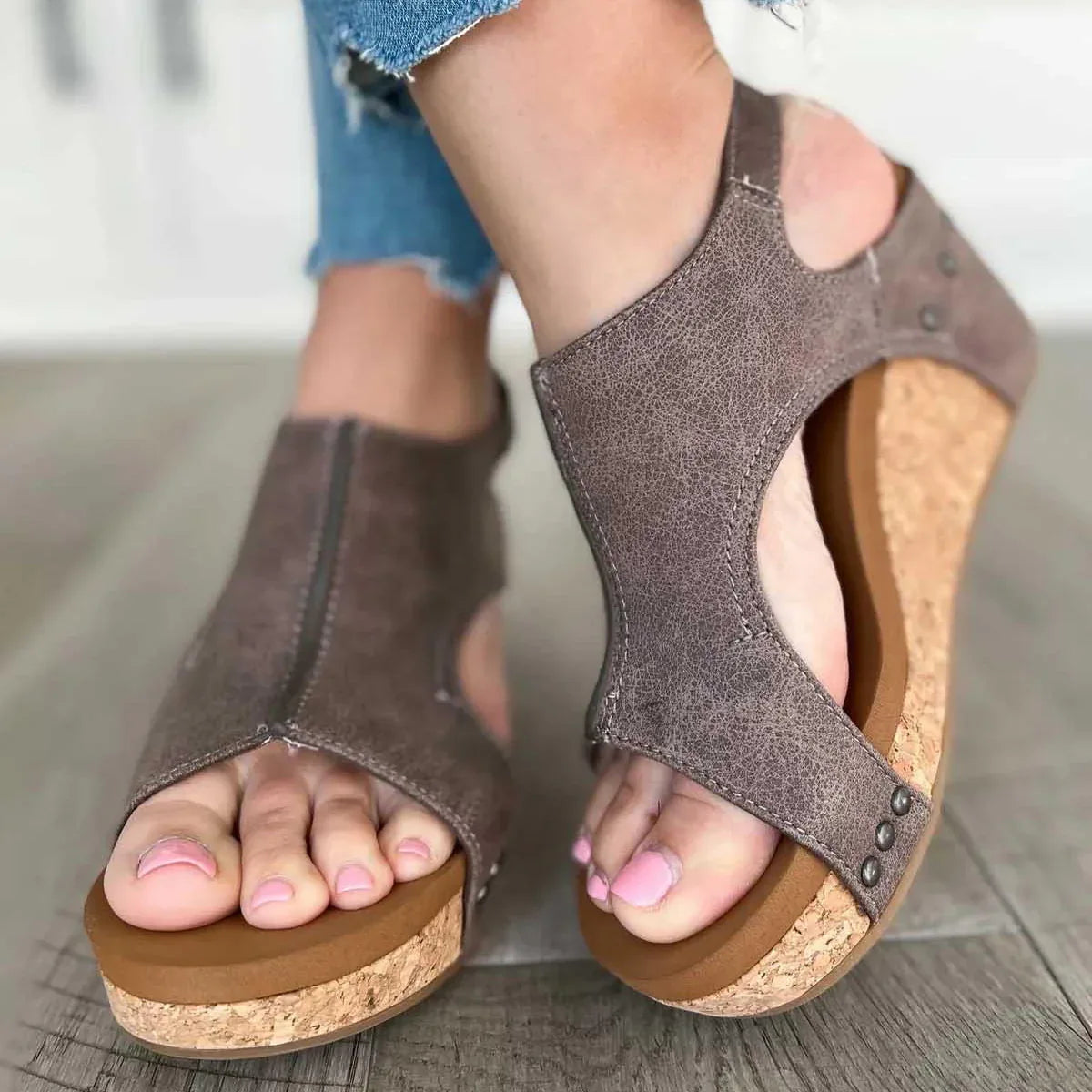 Women's Wedge Peep Toe Platform Rivet Sandals - Dazzling Beauty Solution